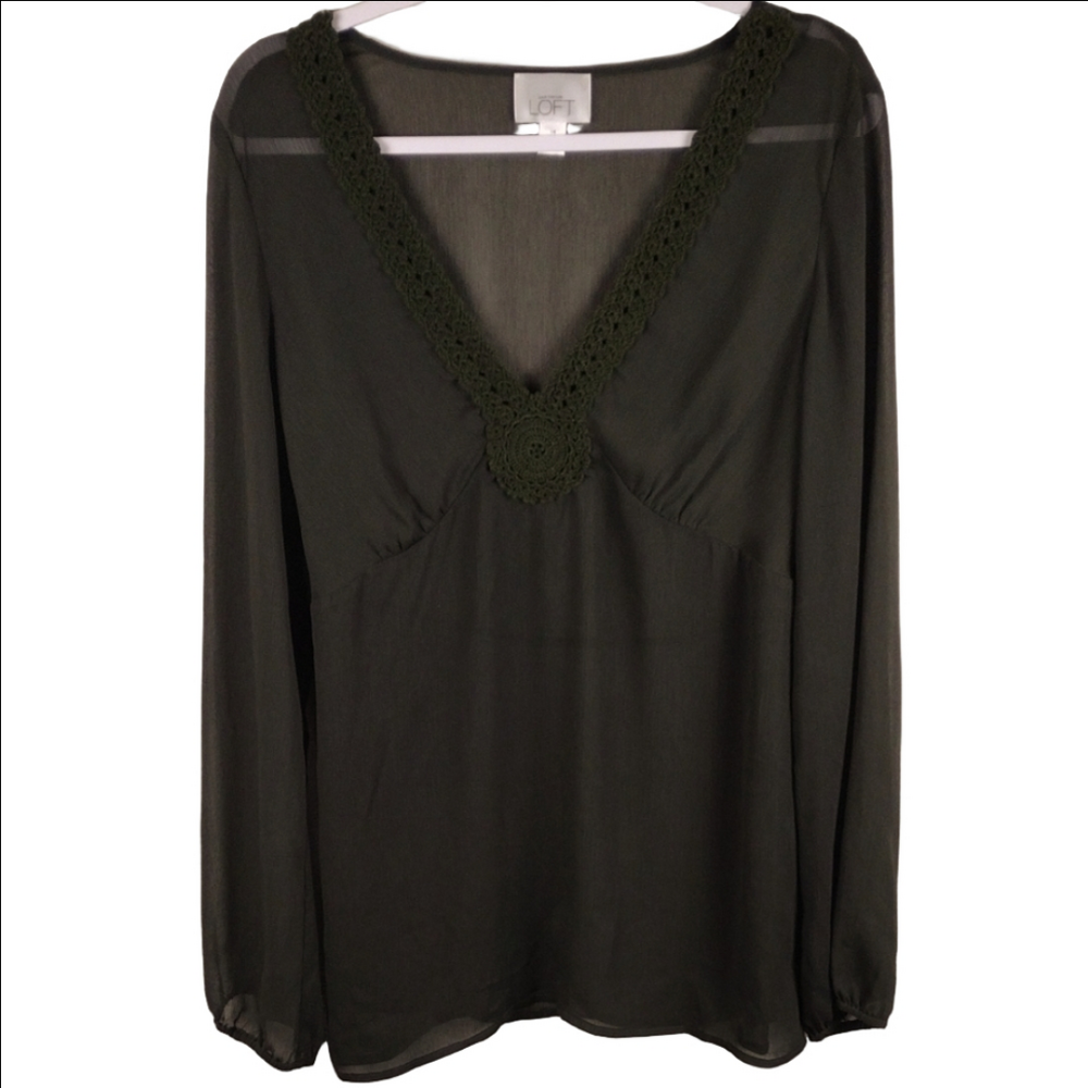 Ann Taylor Loft Olive Green Crochet V-Neck Long Sleeve Sheer Pullover Tunic Top